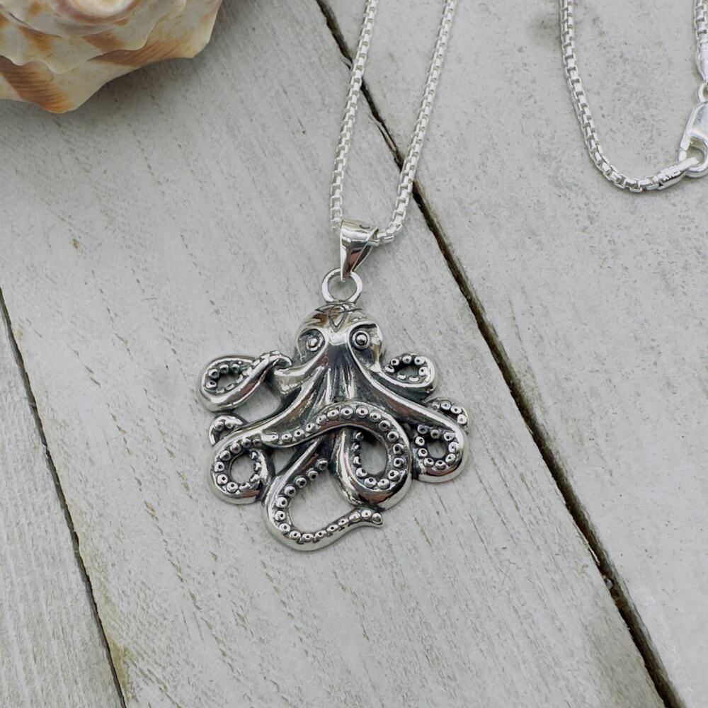 Octopus Sterling Silver Necklace Rounded Box Chain - Picture 3 of 11